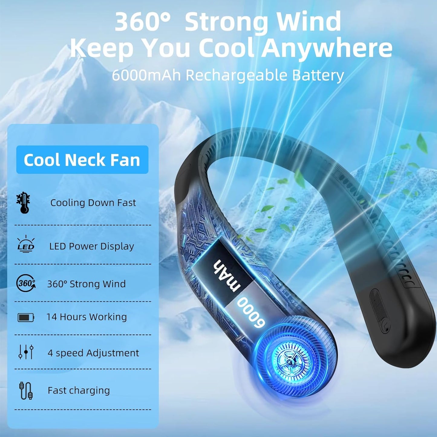Portable Neck Fan,Hands Free Personal Wearable Bladeless Fan,6000mAh USB Rechargeable,360° Cooling,LED Display,4-Speeds,Birthday Gifts for Men Women Dad Mom,Fathers Day,Mothers Day Gifts (Black)