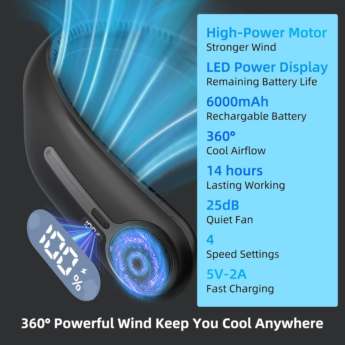 Portable Neck Fan,Hands Free Personal Wearable Bladeless Fan,6000mAh USB Rechargeable,360° Cooling,LED Display,4-Speeds,Birthday Gifts for Men Women Dad Mom,Fathers Day,Mothers Day Gifts (Black)